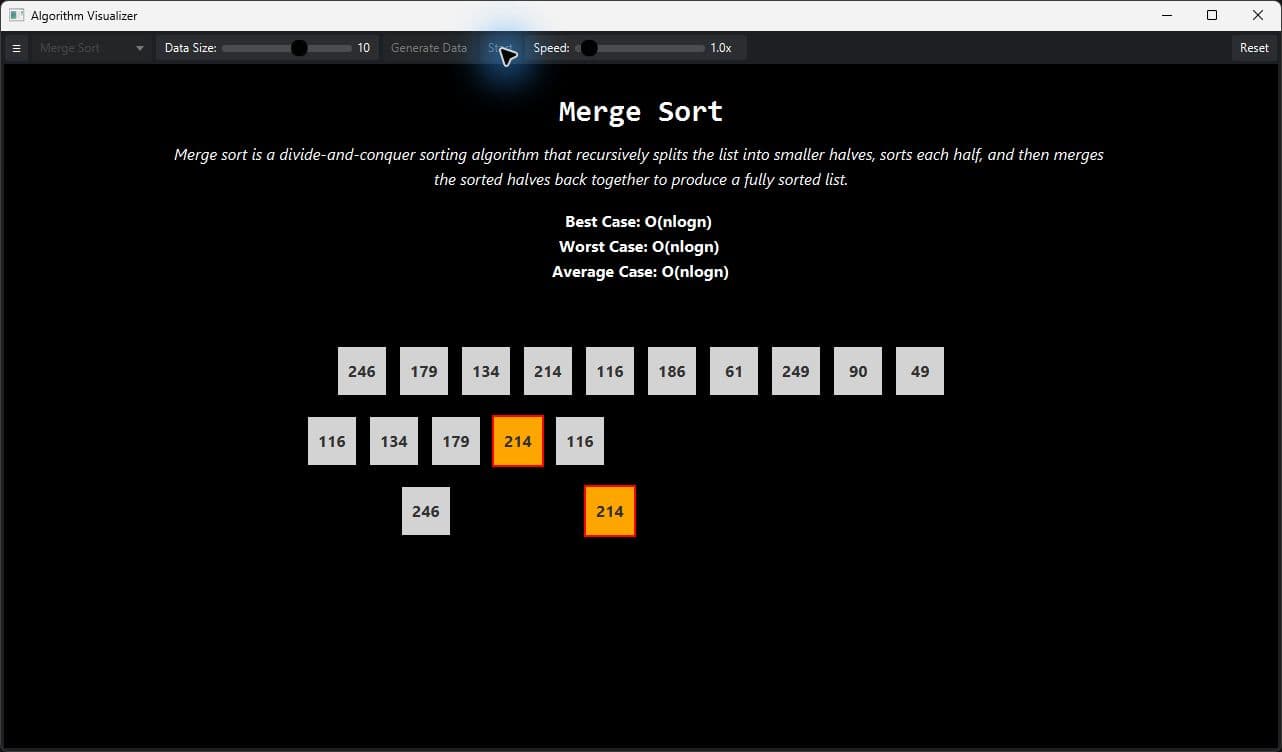 Merge Sort visualization highlighting values during the merge phase
